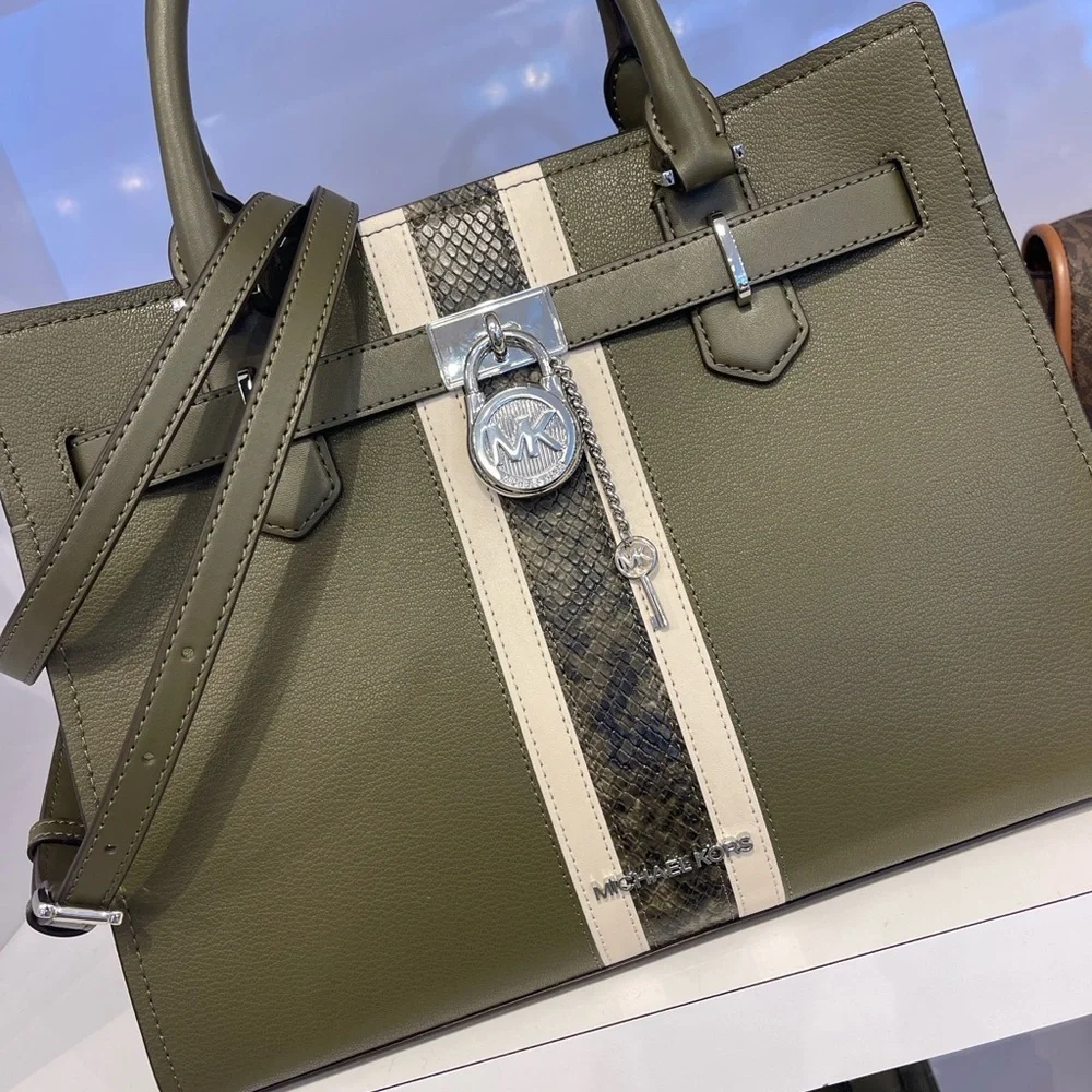MICHAEL KORS Hamilton Med Leather and Snake Embossed Stripe Satchel Olive  NWT
